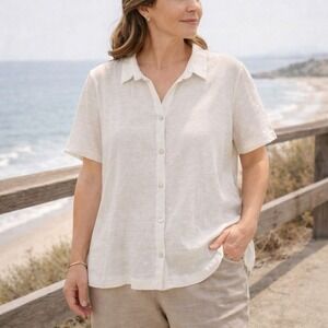 Eileen‎ Fisher Organic Linen Short Sleeve Off-White Button Shirt Top Size Large